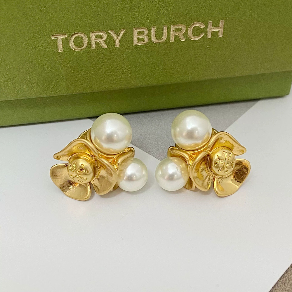 Tory Burch Gold Plated Copper Faux Pearl Flower Tassel Stud Earrings